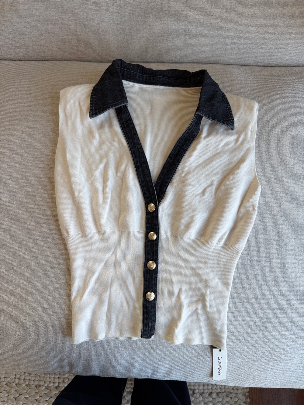Commense Cream Knit Crop Top with Black Trim and Gold Buttons